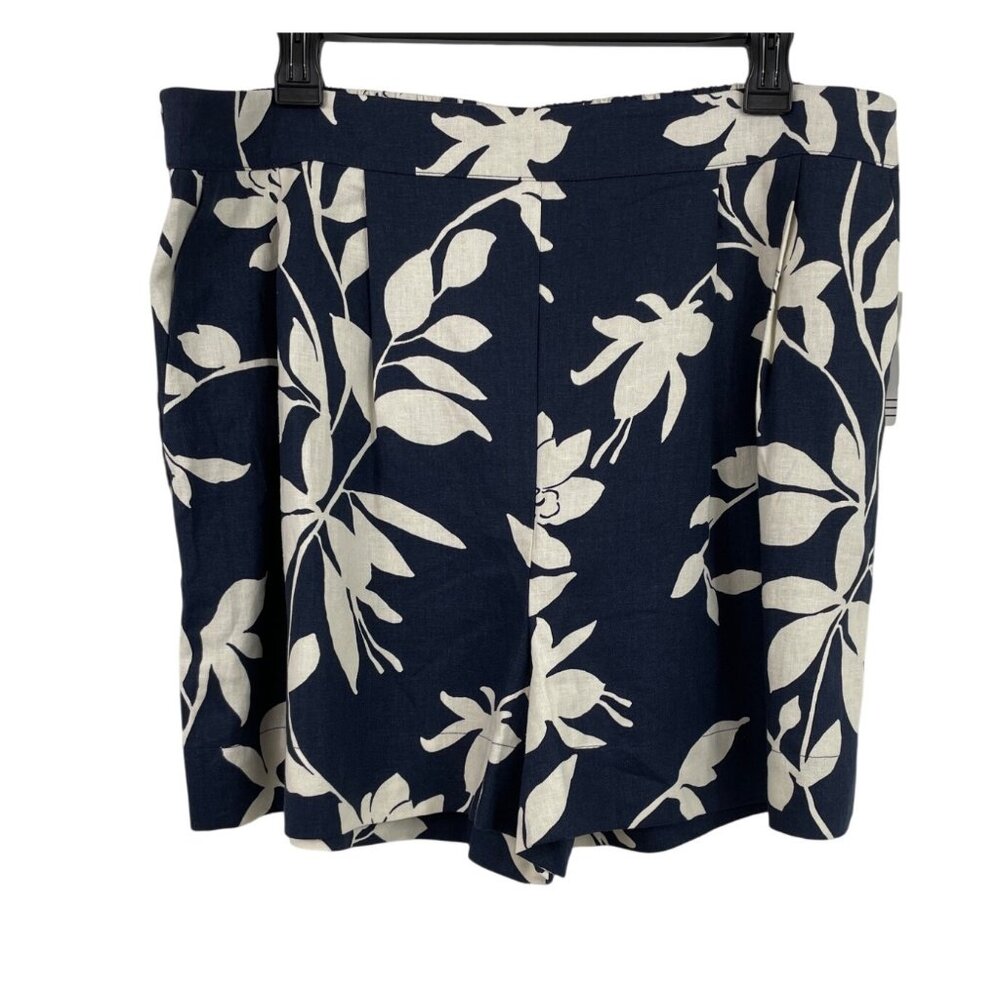 Ophelia Roe Womens XL Navy & White Floral Printed Shorts Pull On Linen Blend